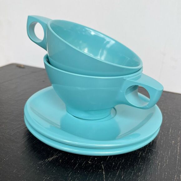 VTG Boontonware Melmac Teal Cups & Saucers Set Mid Century Modern 1950s - Picture 8 of 10